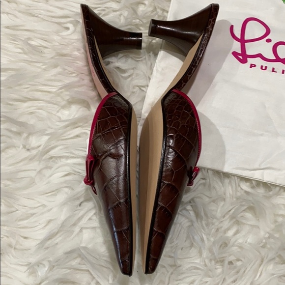Lilly Pulitzer Louise Brown Croc Kitten Heel Mules - Picture 3 of 11